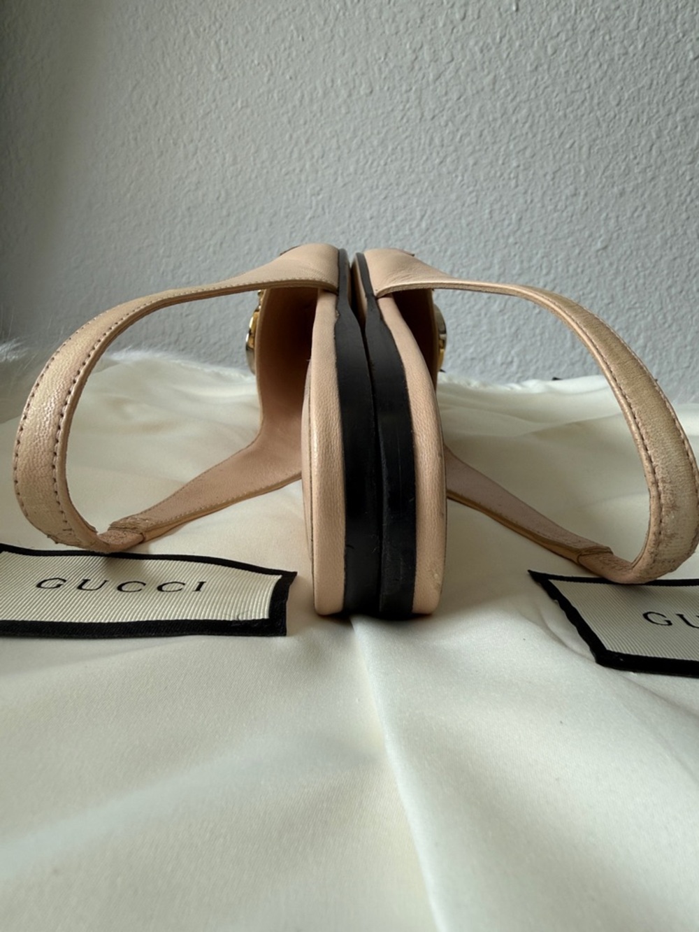 Gucci Blush Leather Pointed Slingback Flat Mules with Gold Double G - Picture 11 of 11